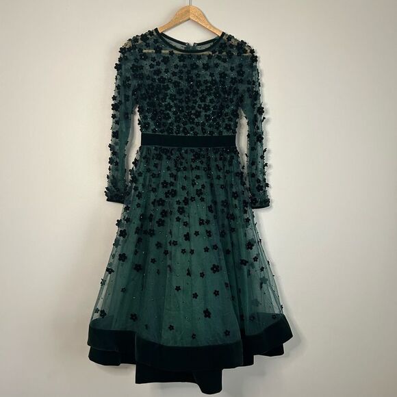 Mac Duggal Emerald Floral Embossed Illusion Midi Dress 67007 Size 4 - Picture 3 of 10